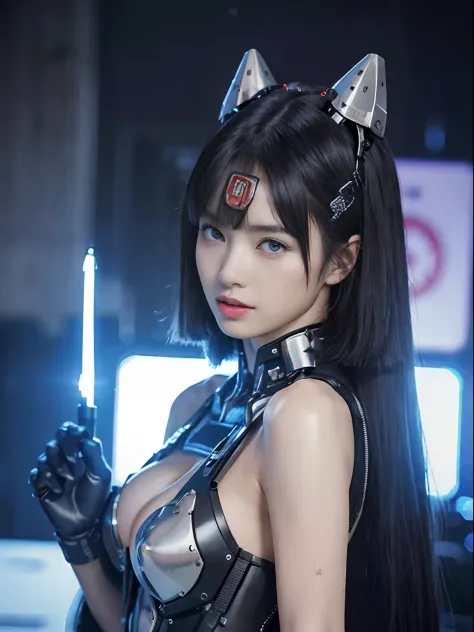（Fight against mechanical robot soldiers）、top-quality、​masterpiece、超A high resolution、(Futuristic machine gun、holding knive),（Wearing a futuristic megame）、(Photorealsitic:1.4)、Raw photo、女の子1人、Black hair、glowy skin、((1 Mechanical Girl))、((super realistic de...