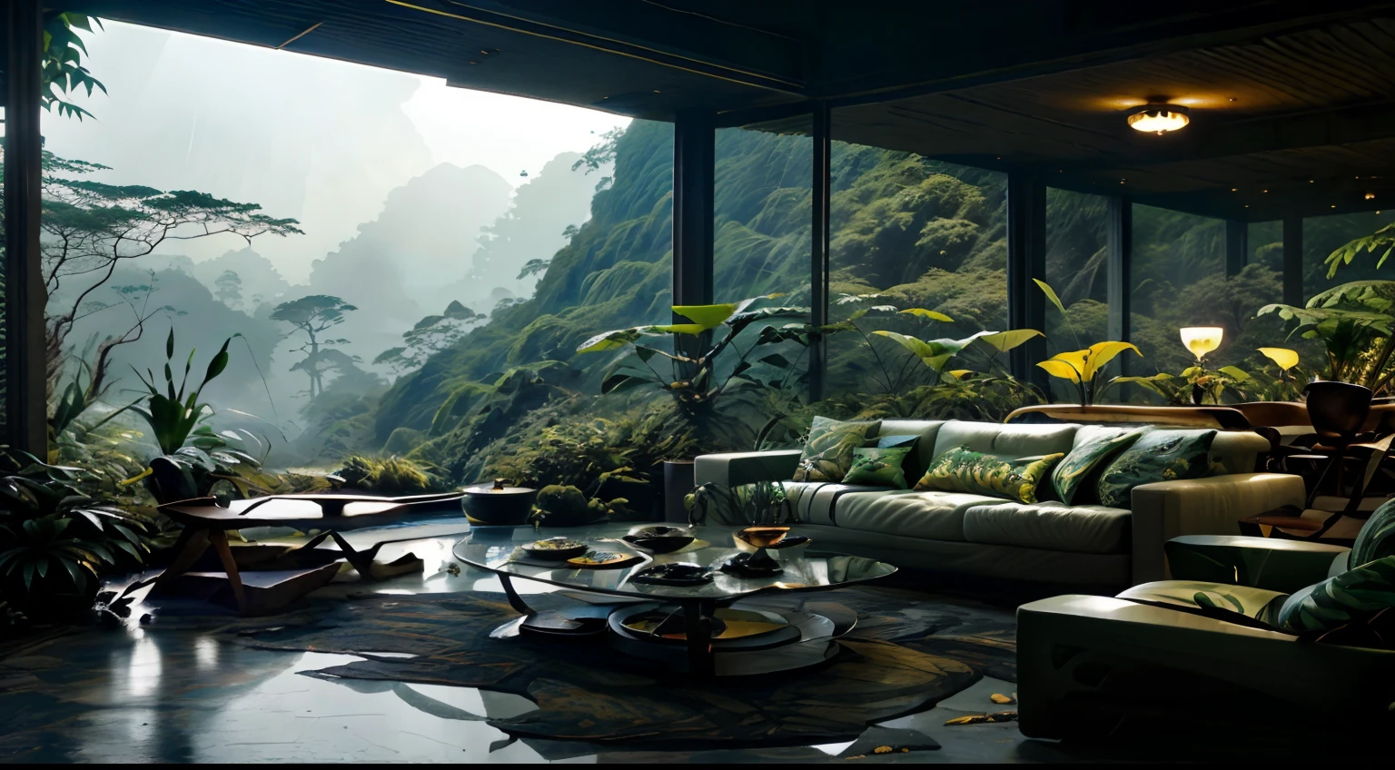 Living room with a view of a mountain and a forest, mountainous jungle setting, jungle setting, Like a scene from Blade Runner, magical ambiance, pintura escura ultrarrealista, in a jungle environment, pleasant environment, cloud forest, beautiful jungle, moody environment, Inside an alien jungle, lush jungle, plants and jungle, relaxing environment, rainforest mountains