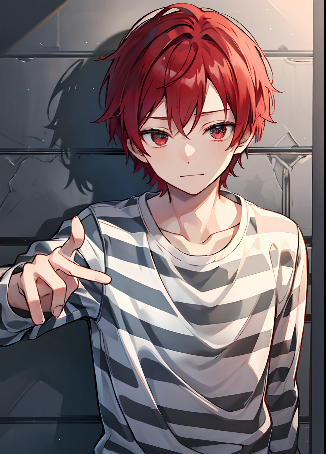 1boy, Handsome man,  Solo,Very short red hair, red hair, up looking_で_viewer, ((masutepiece,Best Quality)), Beautiful detailed eyes, beautifull detailed face、Sleepy face、sleepy expression、A slight smile, (((priclothes))), (((striped clothes))), shirt, outfit, (long sleeves), prisoner, clothes, clothing, black and white stripes, prison cell, young, tight clothes