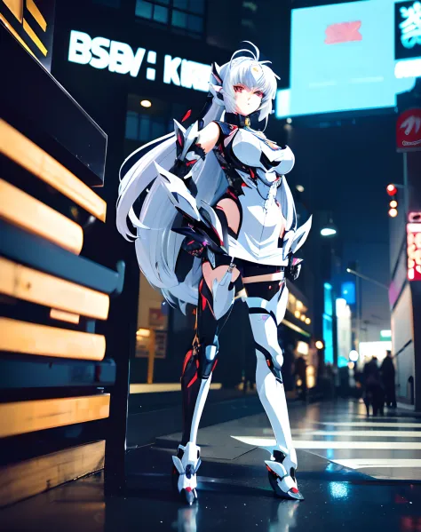 anime girl standing in the city with white hair and black and white costume, best anime 4k konachan wallpaper, cyberpunk anime g...