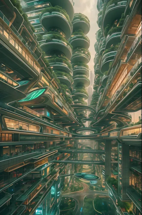Cidade futuristica，afofuturism，mirai，moderno，Rounded，connections，Buildings are connected to each other，Ribbon-like，glass，Light，P...