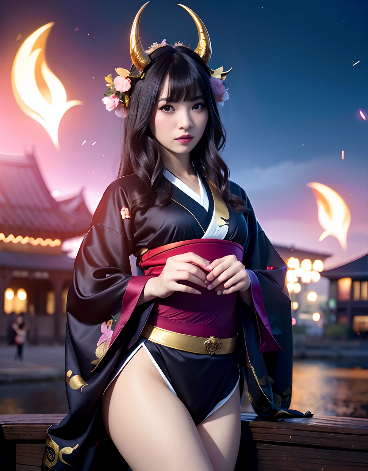 ((World of Darkness)),Professional , ​masterpiece、top-quality、photos realistic , depth of fields 、（sexypose）、(Background of cherry blossoms in full bloom),（Ultimate Beauty）、A dark-haired、（Fight ninjas)、（Kimono with beautiful pattern）、（Night background）、（（a dark night））,(Wear a beautiful kimono),（Wear a beautiful kimono with colorful floral patterns）、Jewel Gold Weapon、Particles of light),（Has a devil's mask）、Gorgeous gold weapons ,（（ Gorgeous Dragon Sword）） , （a dark night）,,（maikurobikini） 、（（Black Haired Beautiful Girl））、（Castle background）、（demonic wings）、（（Gangle's forest background））、Beautiful Caucasian beauty、１a person、dynamic ungle,(((Two devil's horns on the head)))、Smaller head、Idle Smile、Thin and beautiful female hands、Mystical expression、Light Effects、intense fighting、Wind-effect、magic circles、With the legendary magic wand、Dragon's tail、Anatomically correct body、