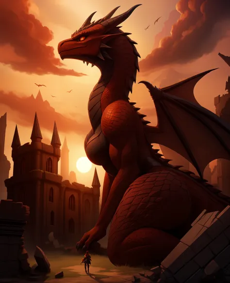 best quality, 1 girl, macro colossal size, dragon face, orange eyes, black furr, red belly, dragon female, colossal, furry female, Anthropomorphic, (in a night castle ruins), conqueror.