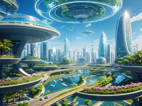 Cidade futuristica，afofuturism，Sparse buildings，Flowers，blossoms，water flowing，The fountain，naturey，Rounded，connections，Buildings are interconnected，Ribbon-like，glass，Light，Plants have，buliding，concrete，glass wall，Plants combined with cities，Forest City，fl...