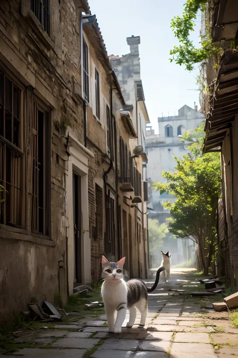 ((top-quality、​masterpiece、photographrealistic:1.4、in 8K))、catss、(Cat strolling through the ruins)、cat eyes eyes、Very delicate and beautiful cat、Highly detailed cat