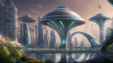 (best quality,4k,8k,highres,masterpiece:1.2),ultra-detailed,(realistic,photorealistic,photo-realistic:1.37),futuristic city,in space,spiral spacecraft,city inside spacecraft,space outside,scattered buildings,flowers,flower arrangements,water flow,fountains...