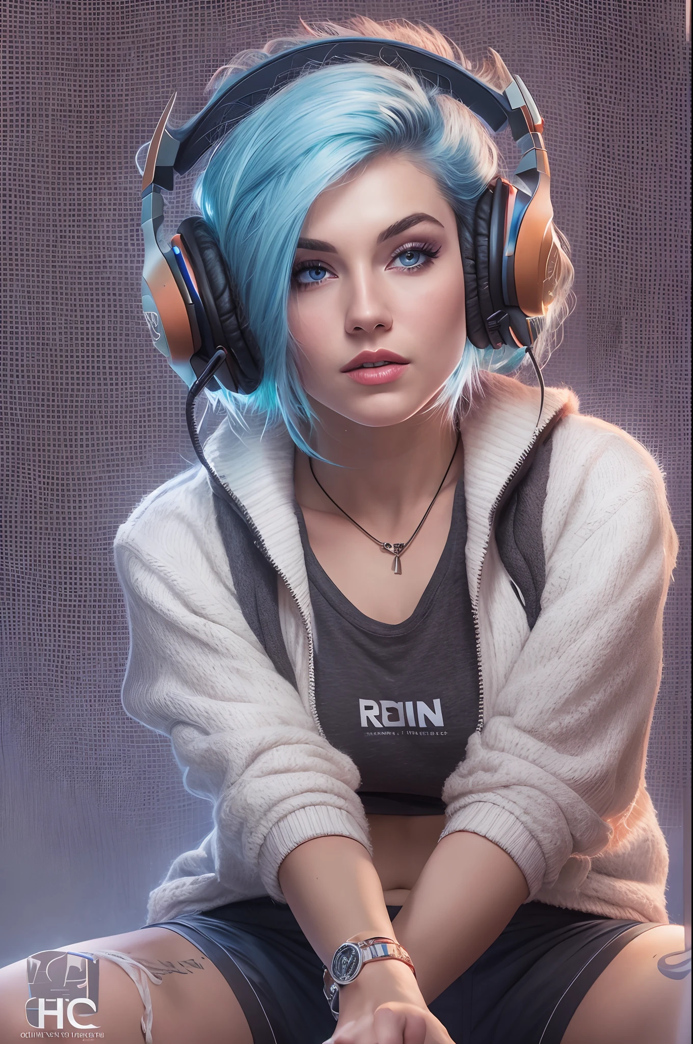 ((Masterpiece)), ((highest resolution)), ((realistic)),a beautiful 25 year old gamer girl (Julia Burch:0.5), (((skin texture))), ((natural skin)), (blue hair), (pale skin), curvy body, (high detail low cut white tank topc with logo), (tiny colorful shorts), sitting at computer desk, gaming, headset, widescreen, rgb lighting, photorealistic, rimlighting, professional photography, by Arny Freytag