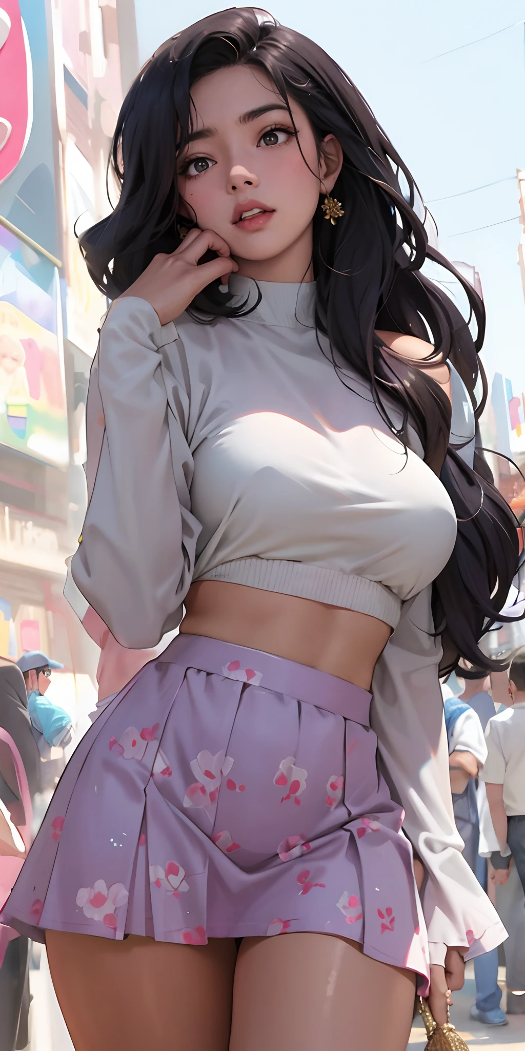 best quality, beautiful woman, curvaceous, cropped top, miniskirt, city streets, anime realism, soft tones, clean lines, perfect illustration