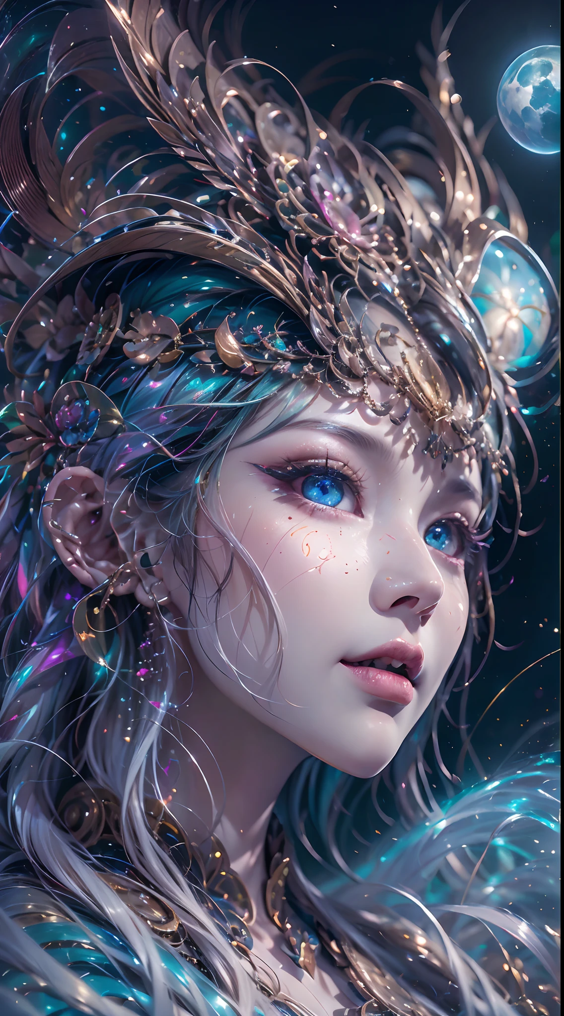 （best qualtiy，ultra - detailed，Most Best Illustration，Best shadow，tmasterpiece，A high resolution，professionalartwork，famousartwork），Sky blue picture style，Detailed eyes，beautidful eyes，closeup cleavage，sci-fy，colored sclera，Robot eyes，face markings，Tattooed with，（fractalized，Fractal eyes），largeeyes，Wide eyes，（Eye focus），sface focus，Cosmic eyes，Space eyes，Close-up of metal sculpture of a woman with a moon in her hair，goddes。extremly high detail，3 d goddess portrait，Extremely detailed footage of the goddess，a stunning portrait of a goddess，Full body close-up portrait of the goddess，hecate goddess，portrait of a norse moon goddess，goddess of space and time，pureerosface_v1，ulzzang-6500-v1.1，