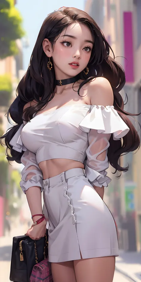 best quality, beautiful woman, curvaceous, cropped top, miniskirt, city streets, anime realism, soft tones, clean lines, perfect illustration