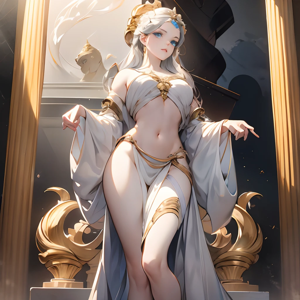 Marble statue of the goddess of the moon, Full body like, Wearing white clothing, Gold trinkets, silber hair, sky-blue eyes, A detailed eye, A detailed face, Feminine body, Focus on the chest, spot light, Detailed shading, highcontrast, ​masterpiece, top-quality, Top image quality