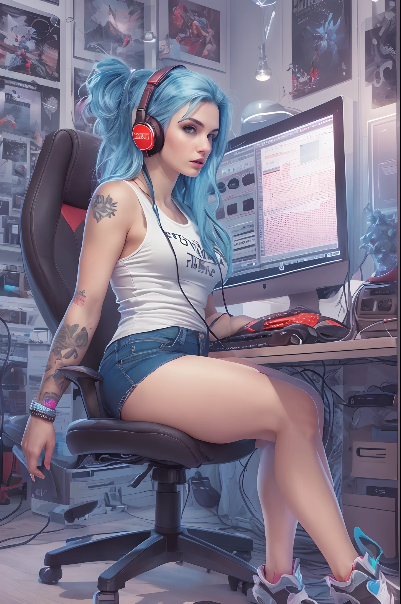 Arafed woman with blue hair sitting in front of a computer - SeaArt AI