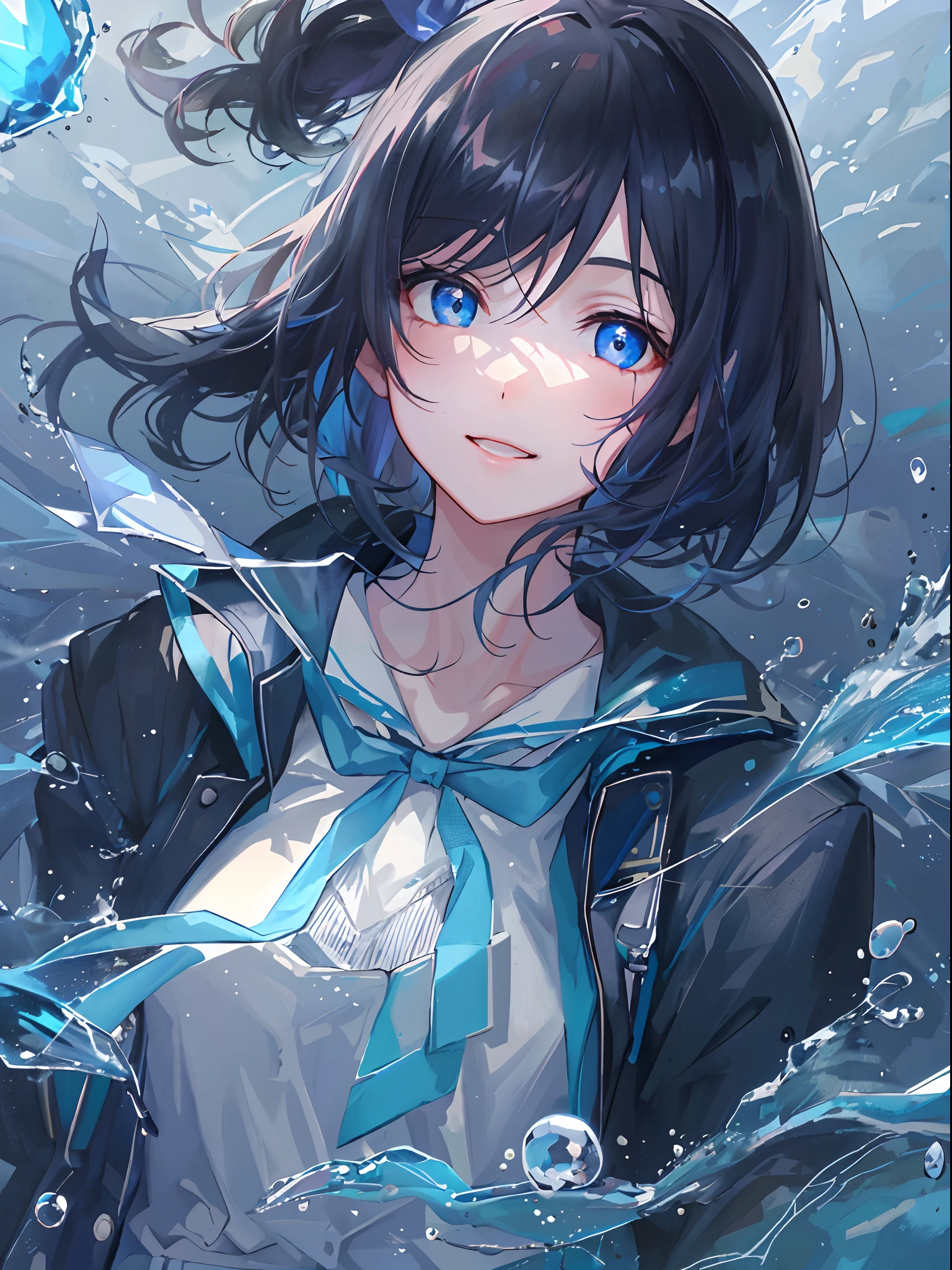 ((top-quality)), ((​masterpiece)), ((Ultra-detail)), (extremely delicate and beautiful), girl with, solo, cold attitude,((Black jacket)),She is very(relax)with  the(Settled down)Looks,A darK-haired, depth of fields,evil smile,Bubble, under the water, Air bubble,bright light blue eyes,Inner color with black hair and light blue tips,Cold background,Bob Hair - Linear Art, shortpants、knee high socks、White uniform like 、Light blue ribbon ties、Clothes are sheer、Hands in pockets, Bright eyes like sapphires, flourescent blue,