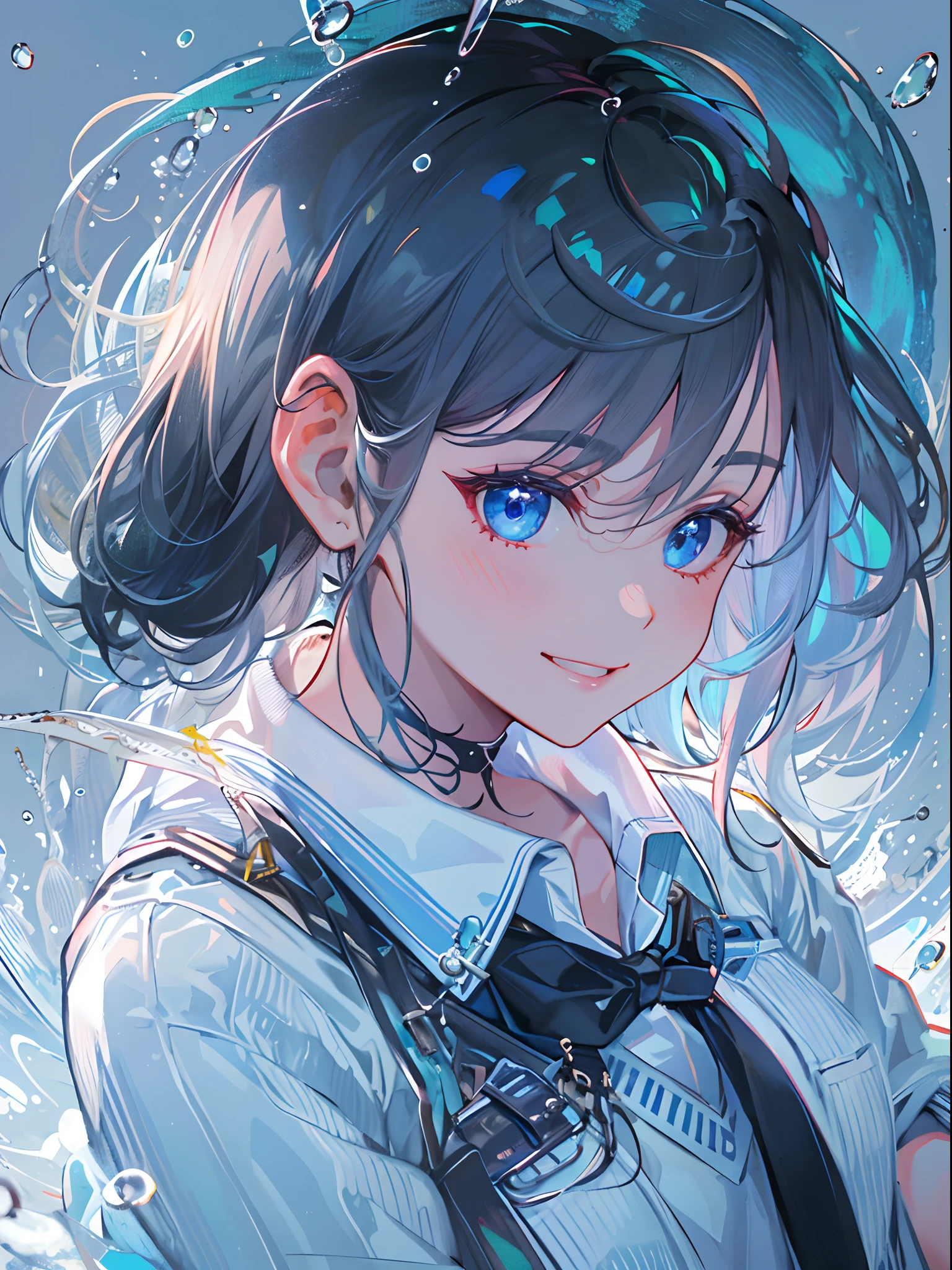 ((top-quality)), ((​masterpiece)), ((Ultra-detail)), (extremely delicate and beautiful), girl with, solo, cold attitude,((Black jacket)),She is very(relax)with  the(Settled down)Looks,A darK-haired, depth of fields,evil smile,Bubble, under the water, Air bubble,bright light blue eyes,Inner color with black hair and light blue tips,Cold background,Bob Hair - Linear Art, a miniskirt、knee high socks、White uniform like 、Light blue ribbon ties、Clothes are sheer、Hands in pockets、Ponytail hair, Bright eyes like sapphires, flourescent blue,