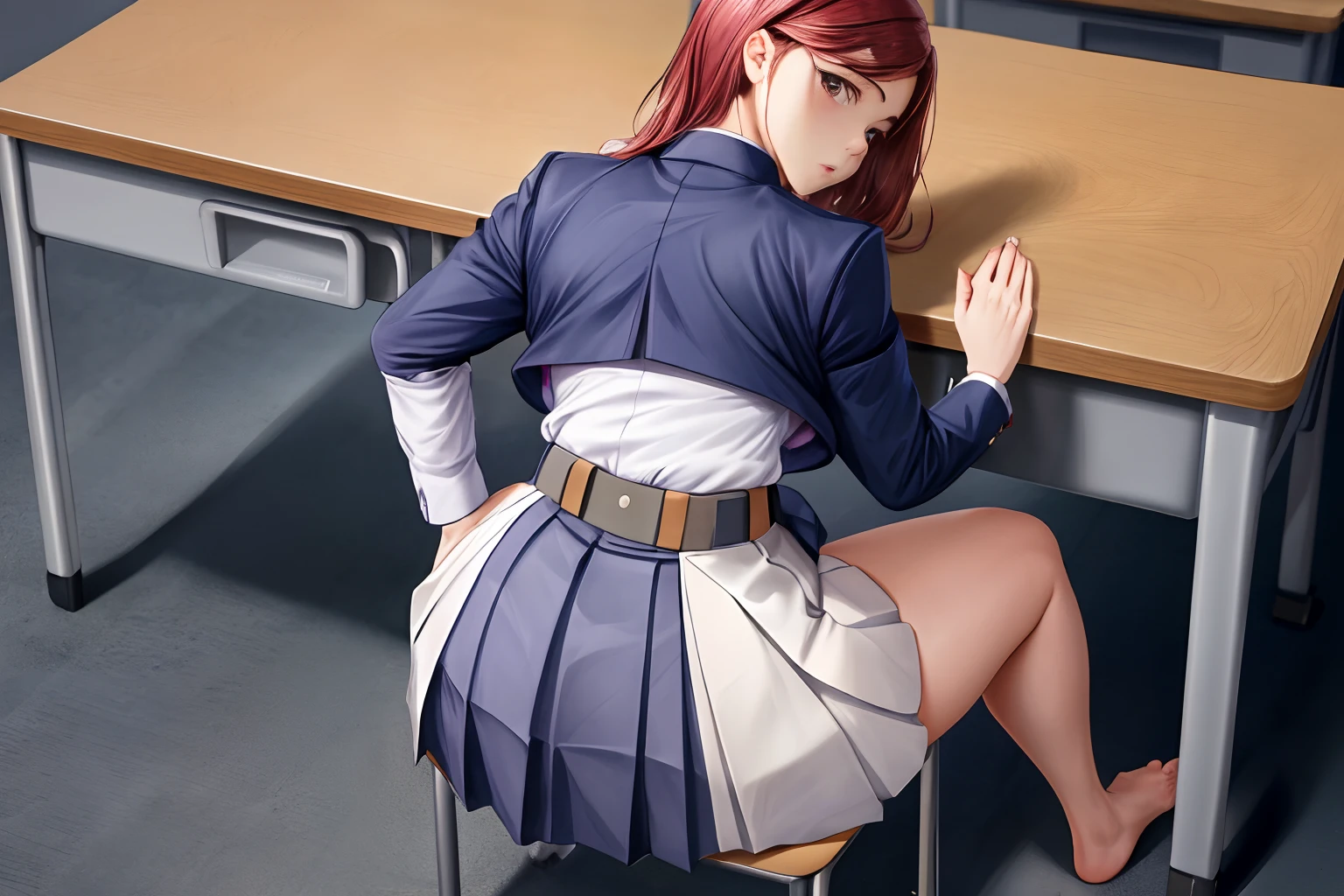masterpiece, best quality, nobara, , skirt, panties under skirt, feet focus, extreme back arch, medium butt, defined butt, school classroom, sitting on desk, prominent butt crack, looking at viewer, without shoes,  uniform, (students looking at her:1.3), seductive, seductive expression
