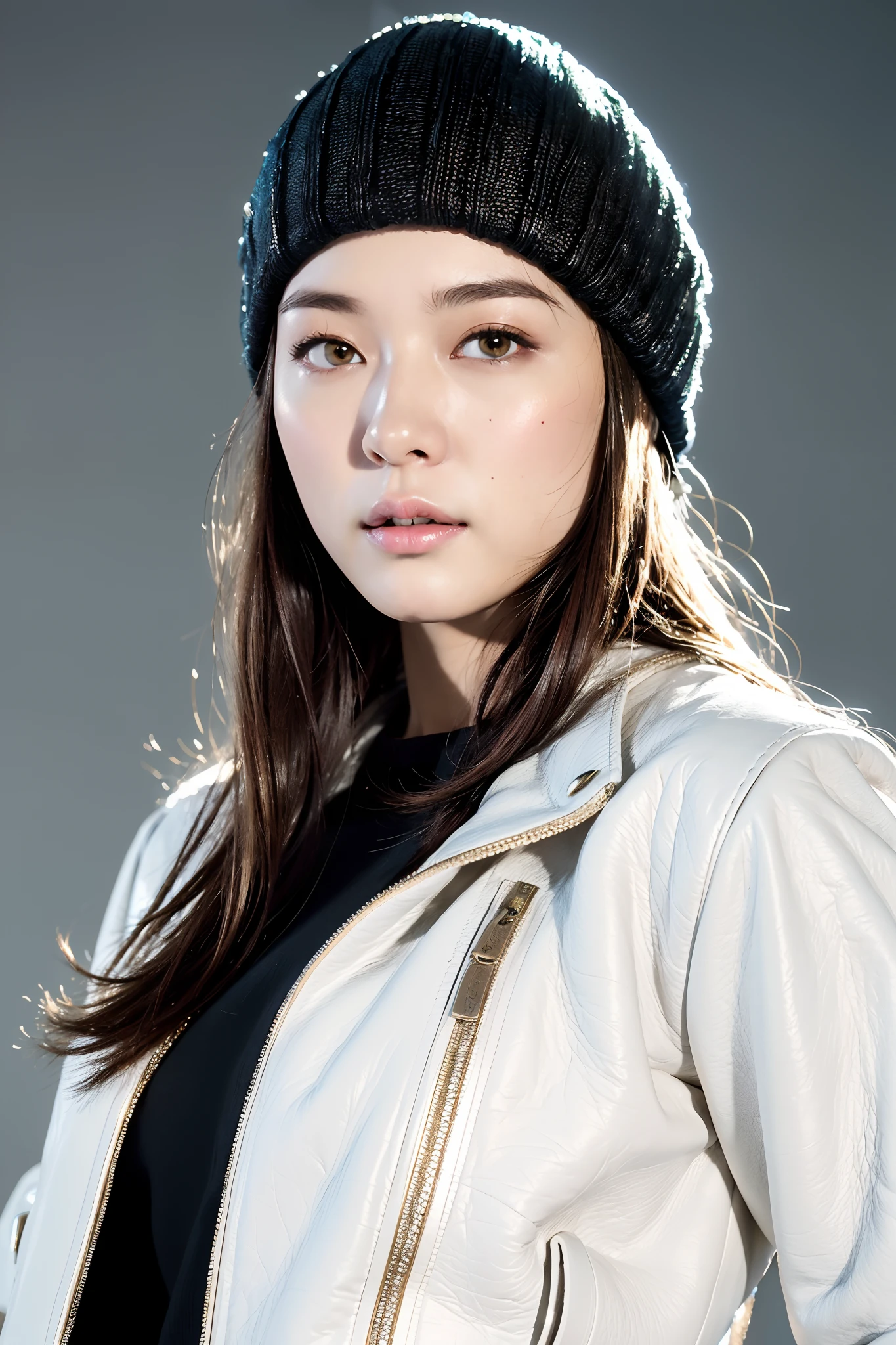 (
(8k:1.27), best quality, masterpiece, ultra highres:1.2) Photo of Pretty Japanese woman
 (beautiful:1.1) (sci-fi warrior woman:1.1) space soldier, (beanie:1.61) (leather jacket:1.21) intricate elegant, fantasy, detailed, ometric by greg rutkowski and alphonse mucha, gradient lighting