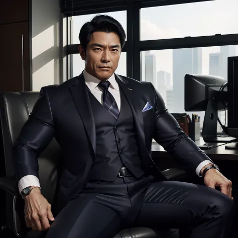 50 years old,daddy,shiny suit sit down,k hd,in the office,muscle, gay ,black hair,asia face,masculine,strong man,the boss is gay