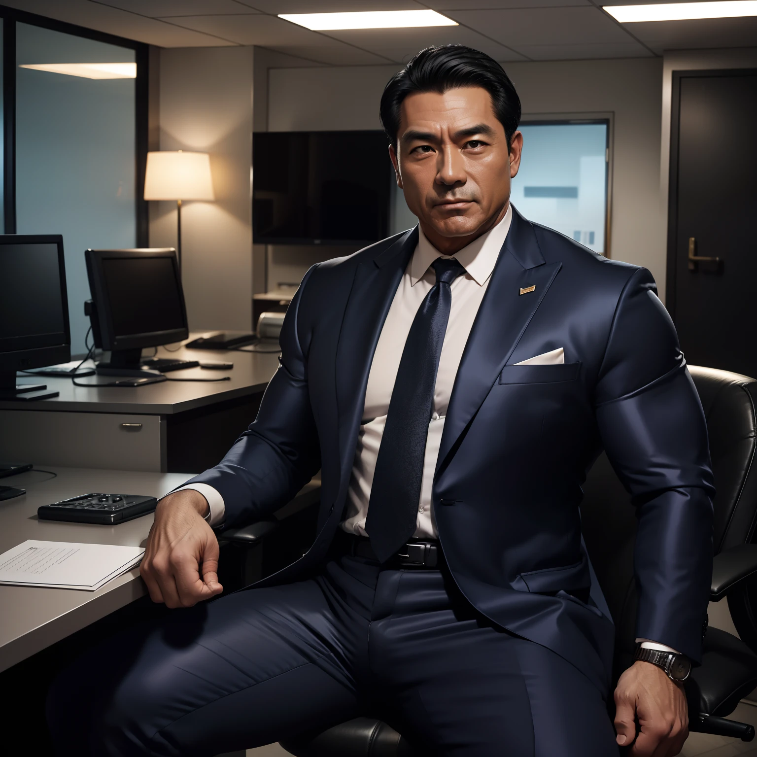 50 years old,daddy,shiny suit sit down,k hd,in the office,muscle, gay ,black hair,asia face,masculine,strong man,The boss sat enjoying himself with his face up and his arms spread out