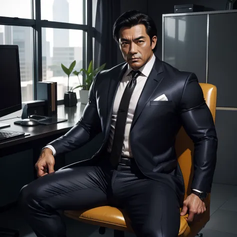 50 years old,daddy,shiny suit sit down,k hd,in the office,muscle, gay ,black hair,asia face,masculine,strong man,boss sitting er...