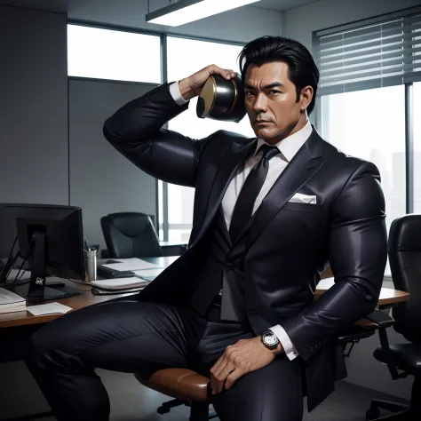 50 years old,daddy,shiny suit sit down,k hd,in the office,muscle, gay ,black hair,asia face,masculine,strong man,boss sitting er...
