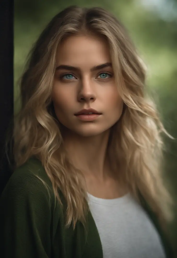 A captivating photograph portraying a 20 year old girl with shoulder-length messy  blonde hair and mesmerizing green eyes. The image, crafted with a keen sense of realism by Greg Rutkowski, showcases intricate details in stunning 8K resolution. in  black s...