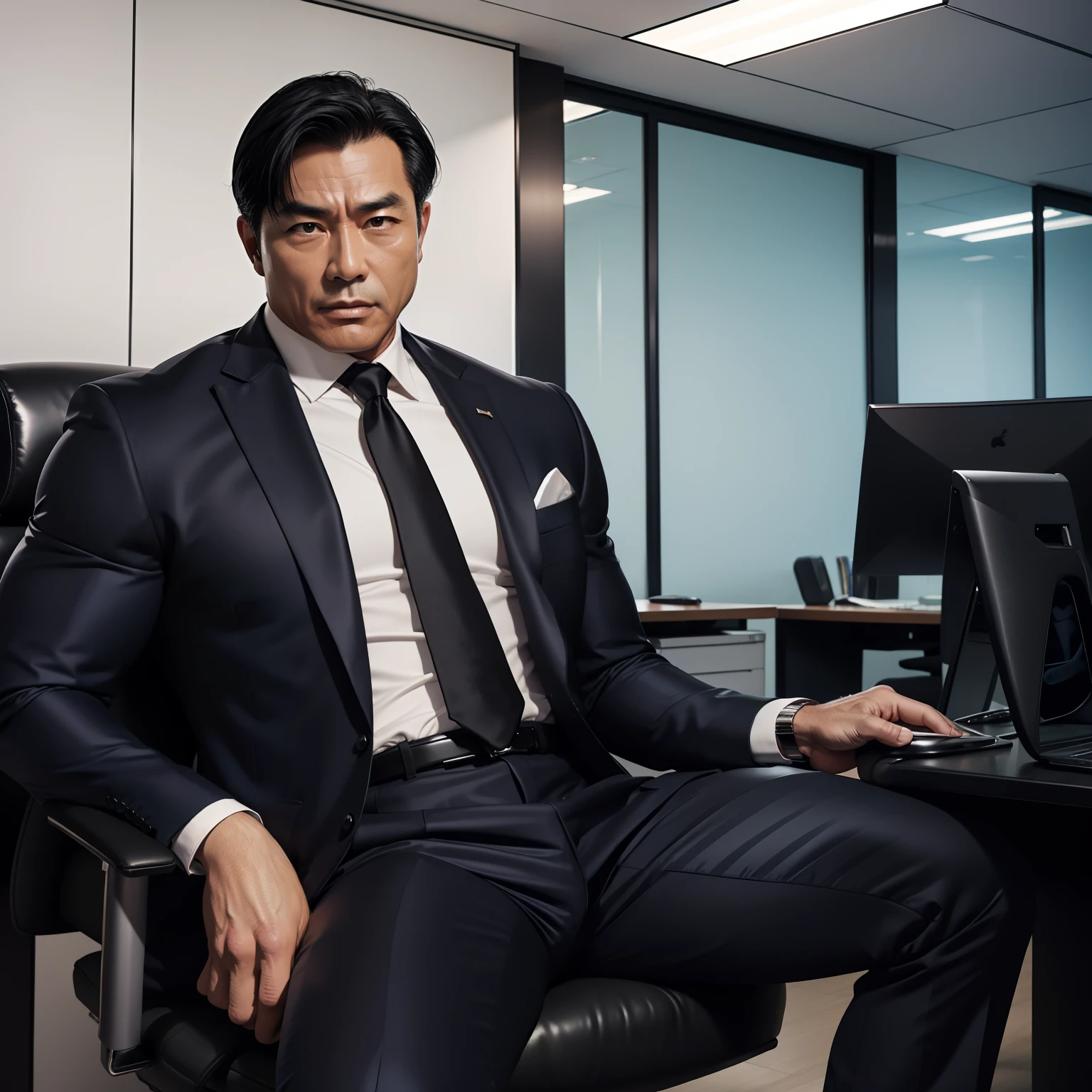 50 years old,daddy,shiny suit sit down,k hd,in the office,muscle, gay ,black hair,asia face,masculine,strong man,boss sitting erotic