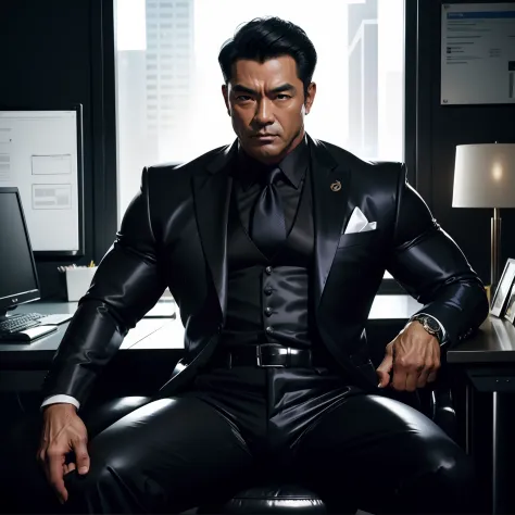 50 years old,daddy,shiny suit sit down,k hd,in the office,muscle, gay ,black hair,asia face,masculine,strong man,boss sitting er...