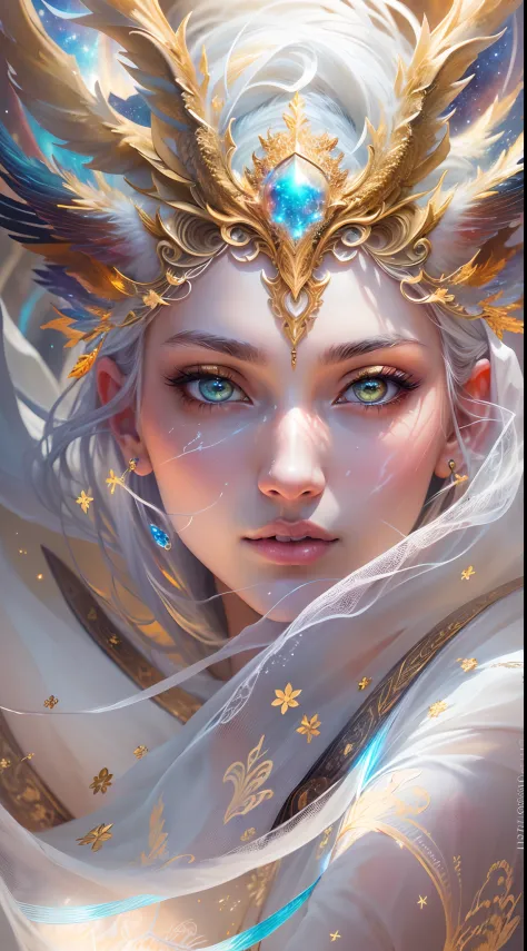 (masterpiece, top quality, best quality, official art, beautiful and aesthetic:1.2), (1girl), extreme detailed eyes, (fractal art:1.3), colorful, highest detailed, (perfect face), shiny skin, HDR, (white cloak golden lines:1.2), galaxy, (light streaks), st...