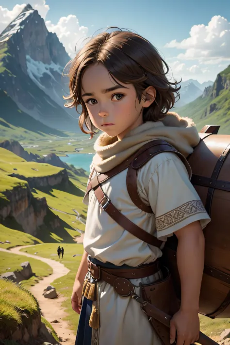 garoto viking, menino viking, Viking child brown hair brown eyes, andando pelo vale, Background mountains and vegetation