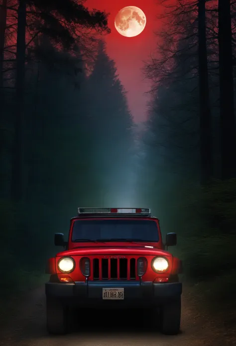 a forest, with a street, red troller jeep, in the street, at night, add jason from friday the 13th, between the trees, clear sky, with a full moon