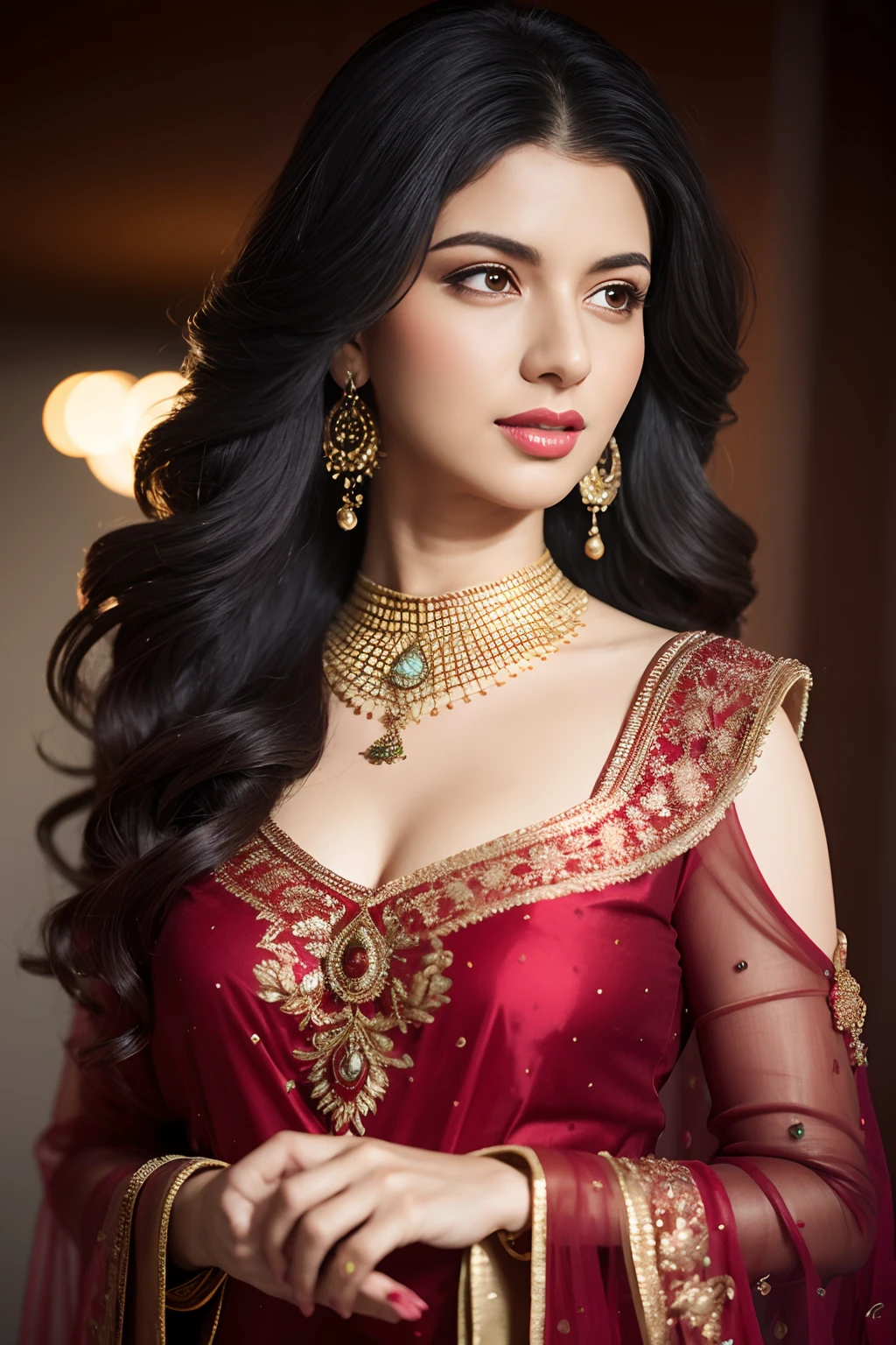 portrait of A confident-looking indian woman princess with long flowing hair, hazel eyes, Smiling, walking, looking front, jewellary color red, Red lawn color, covering both shoulders, Coffee shop background, bokeh perfect composition, hyperrealistic, super detailed, talking on mobile, 8k, high quality, trending art, trending on artstation, sharp focus, photo shoot, intricate details, highly detailed, art by greg rutkowski
