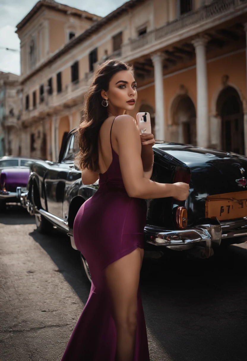 A woman in a purple dress standing in front of a car - SeaArt AI