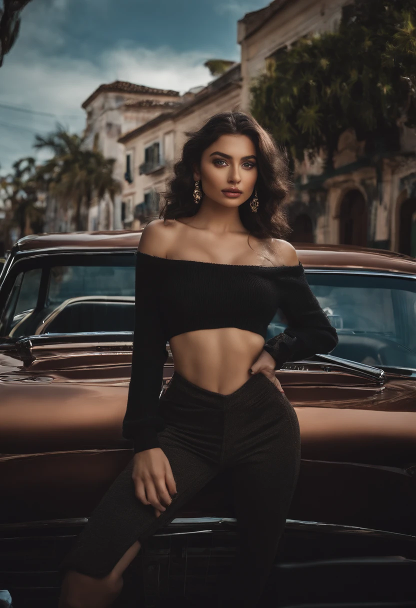 A woman in a black top and skirt leaning on a car - SeaArt AI