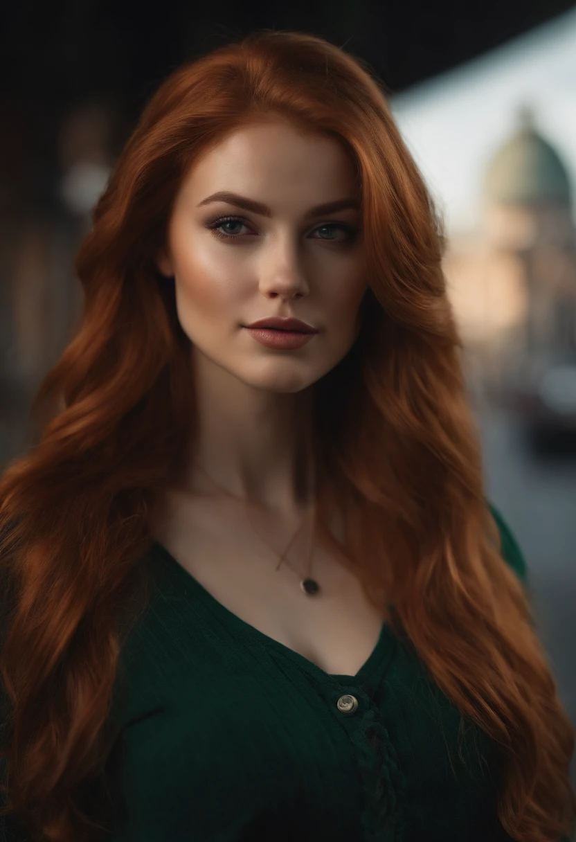 professional, (4k photo:1.1) by (Jeremy Lipking:0.3), (Dittmann Anna:0.3), (Arian Mark:0.3), (Sharp focus:1.3), high detail, wearing (tight shirt:1.2), beautiful detailed face, an attractive woman with long red hair looks into the camera, looking like actress Katherine McNamara, panasonic lumix s pro 50mm f/1.4, anne stokes, color splash, dark orange and dark emerald, ferrania p30, photo realistic, (attractive young woman:1.3), (seductive:1.1), (blushing:1.1), hourglass body shape, big round breasts, wide hips, in background city, taking selfie, wearing jumper