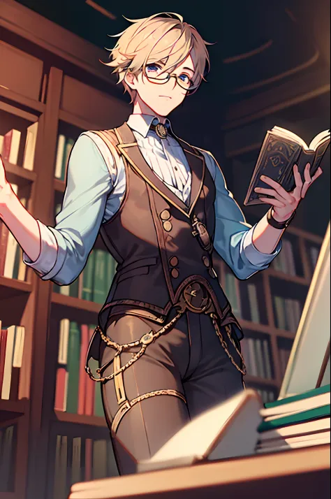 twinks　male people　eye glass　Reading books in the library　steampunc　​masterpiece　Top image quality　Darken shading(light)　Clear　cinematic shadow　Increased attractiveness of the eyes　{Perfect face} 　Clear the shine of the eyes　Draw eyelashes neatly