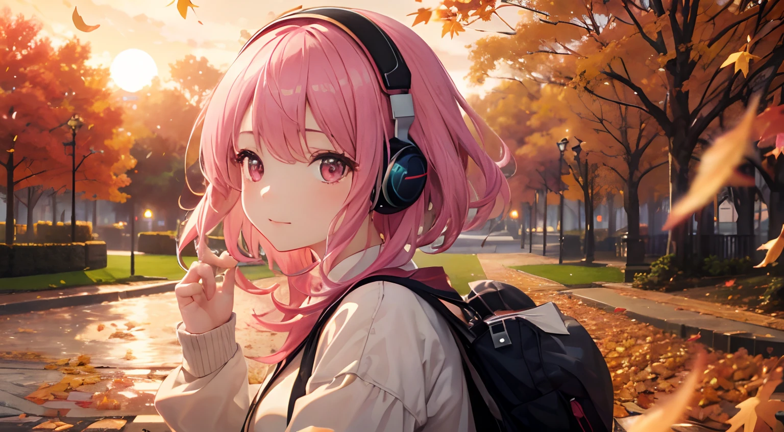 ​masterpiece、top-quality、Movie stills、1girl in、Landscape of autumn leaves、pink shorth hair、headphones、with light glowing、Happiness、Warm and soft lighting、Sunset over the park of autumn leaves、(Spark:0.7)、No people in the background、The wind is blowing、Autumn leaves are dancing