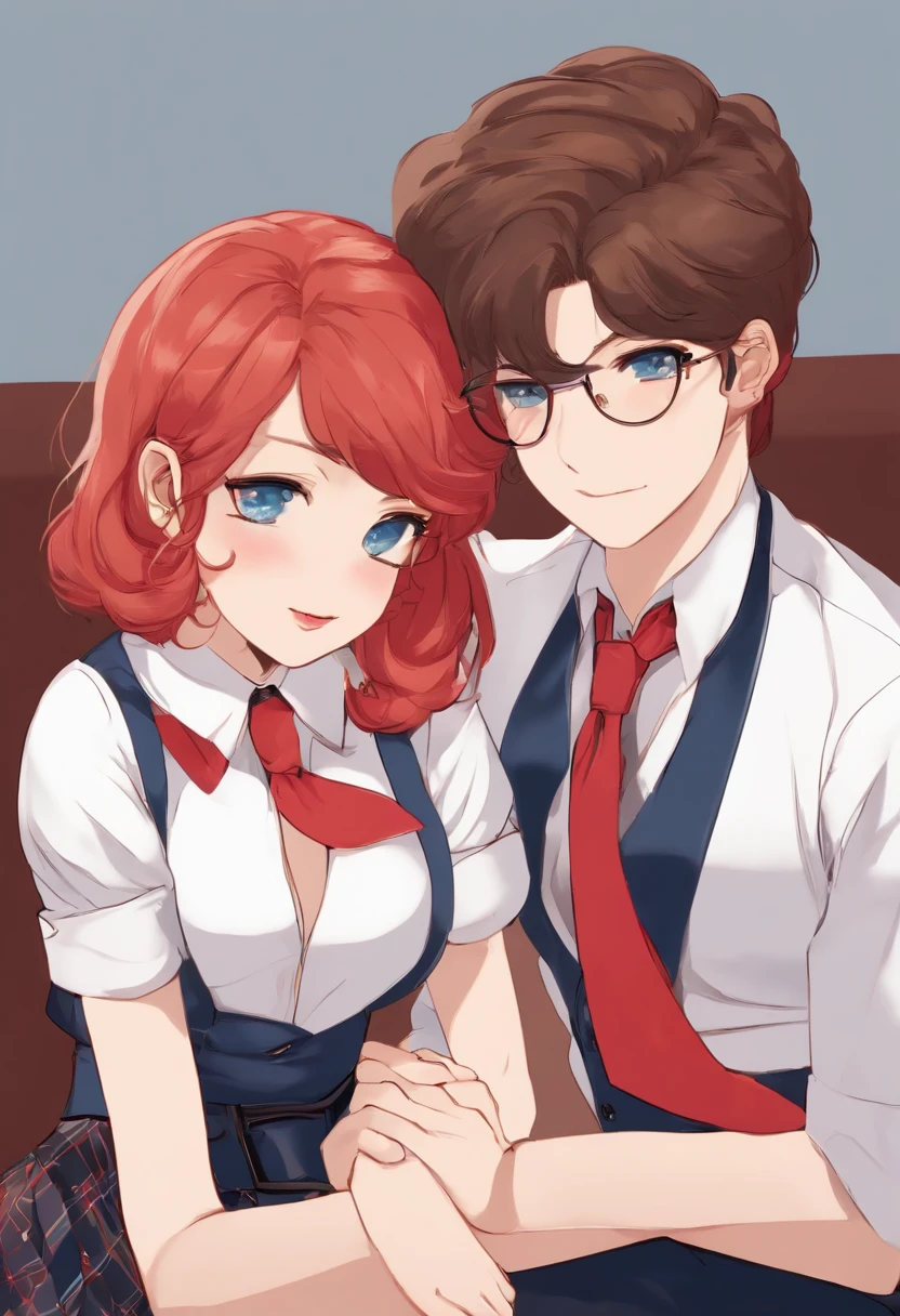 Anime couple with red hair and glasses sitting on a couch - SeaArt AI