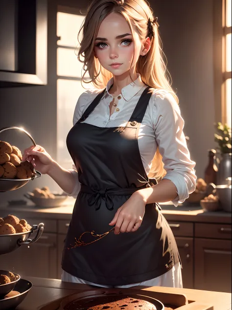 A girl wearing a beautiful dark apron, dark moody background, dark looks, baking a chocolate cookies, beautiful topping on cooki...