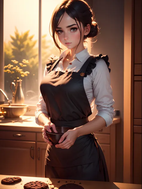 A girl wearing a beautiful dark apron, dark moody background, dark looks, baking a chocolate cookies, beautiful topping on cooki...