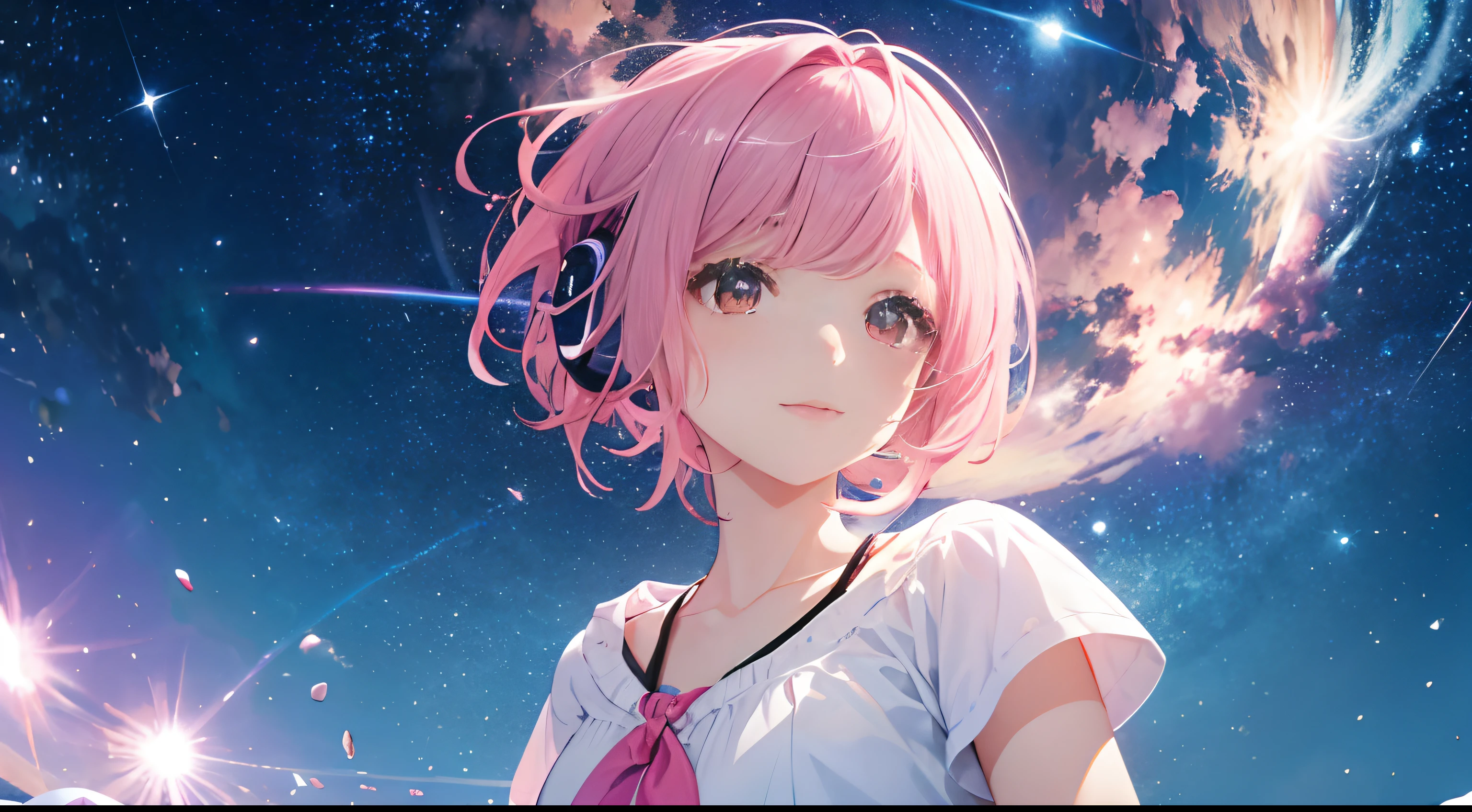 ​masterpiece、top-quality、Movie stills、1girl in、Starry sky scenery、pink shorth hair、headphones、kawaii、with light glowing、Happiness、Wide starry sky、short hair、Clean clothes