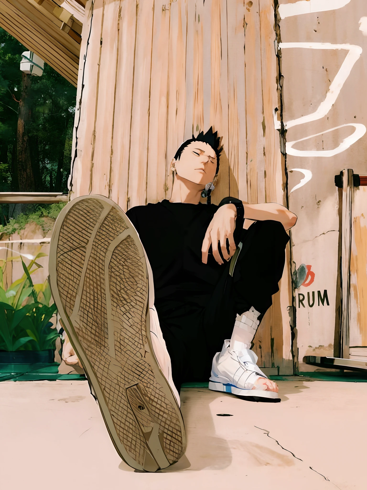 Nara_Shikamaru, look right, leaning on a wall, sitting on floor, smoking