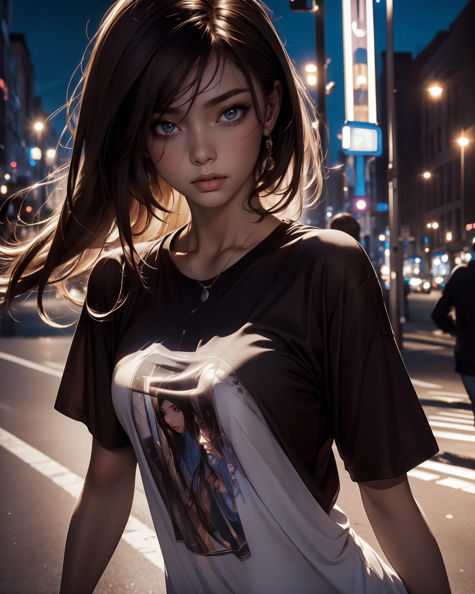 (Best quality, High resolution, Masterpiece :1.3), A pretty woman, Slender figure, Dark brown hair, T-shirt, (Street in city at night), Highly detailed face and skin texture, Detailed eyes, Double eyelid