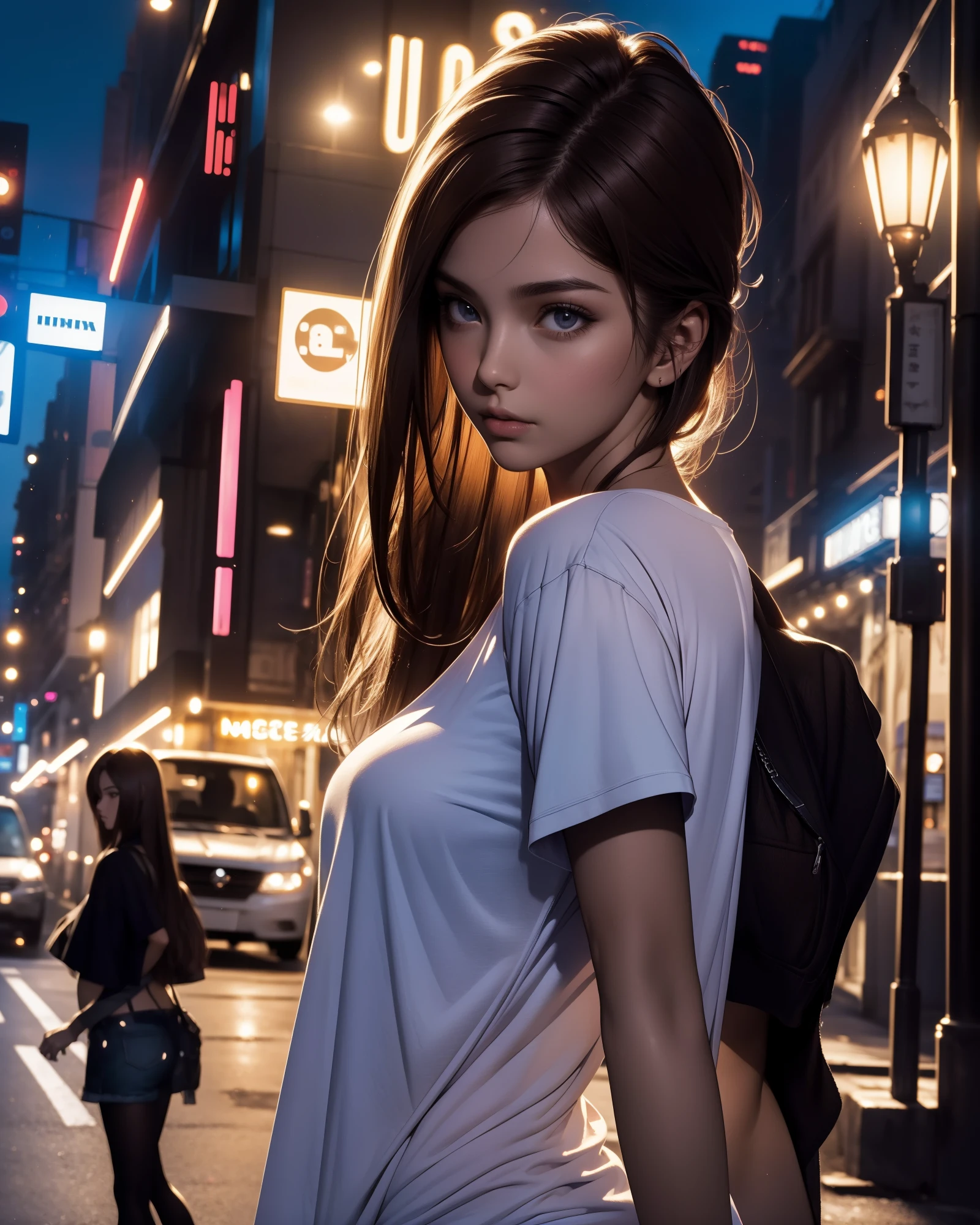 (Best quality, High resolution, Masterpiece :1.3), A pretty woman, Slender figure, Dark brown hair, T-shirt, (Street in city at night), Highly detailed face and skin texture, Detailed eyes, Double eyelid