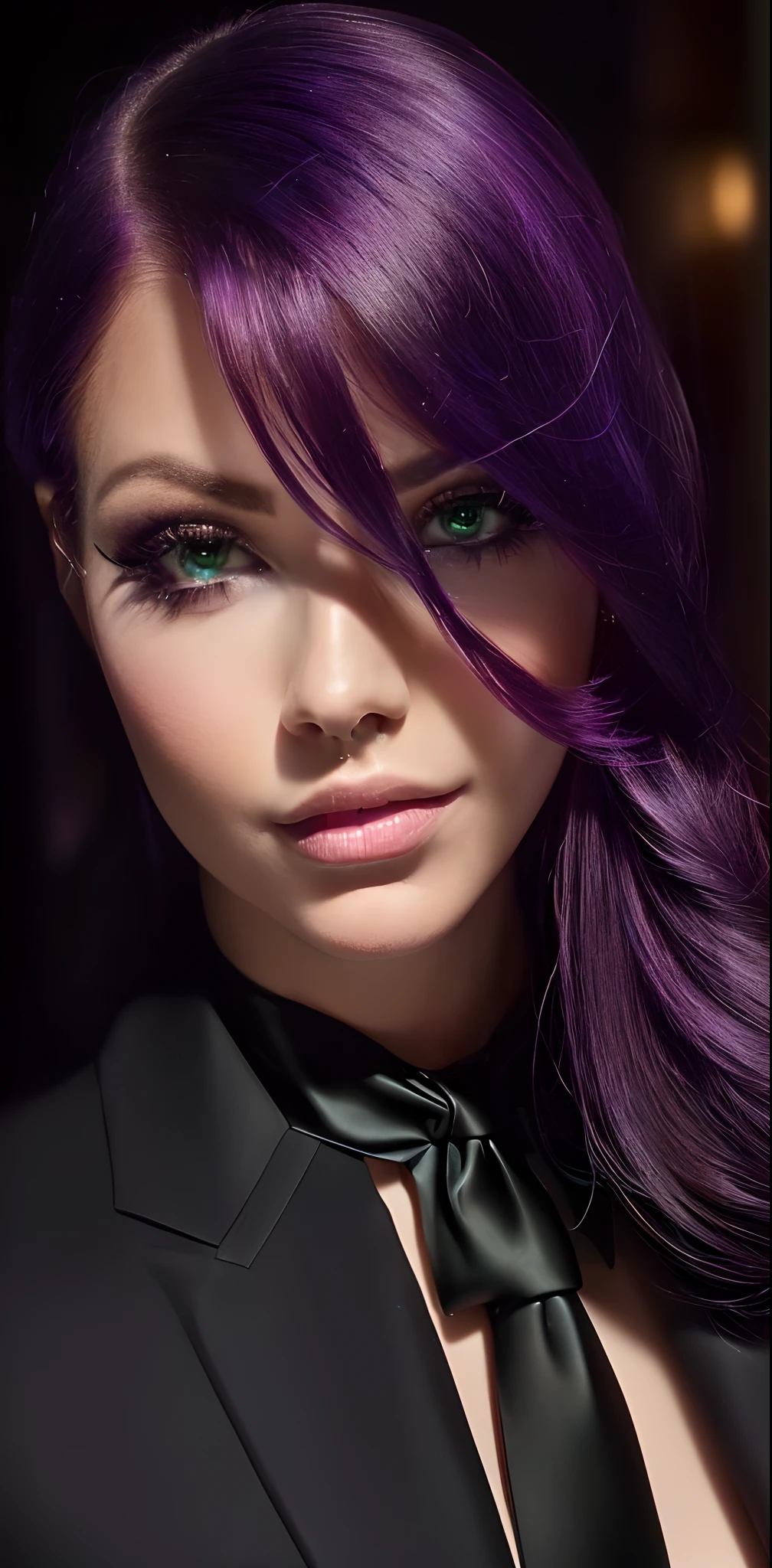 a Nahaufnahme einer Modelfrau with purple hair and a ((schwarze Krawatte)), Porträt Raum Kadett Mädchen, Porträt Ritter des Tierkreises Frau, Nahaufnahme einer Modelfrau, , mit leuchtend grünen Augen,
