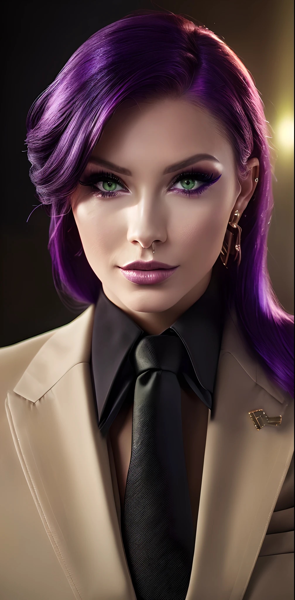 a قرب من امرأة نموذجية with purple hair and a ((ربطة عنق سوداء)), صورة فتاة طالبة الفضاء, صورة فرسان زوديا امرأة, قرب من امرأة نموذجية, , مع عيون خضراء متوهجة,