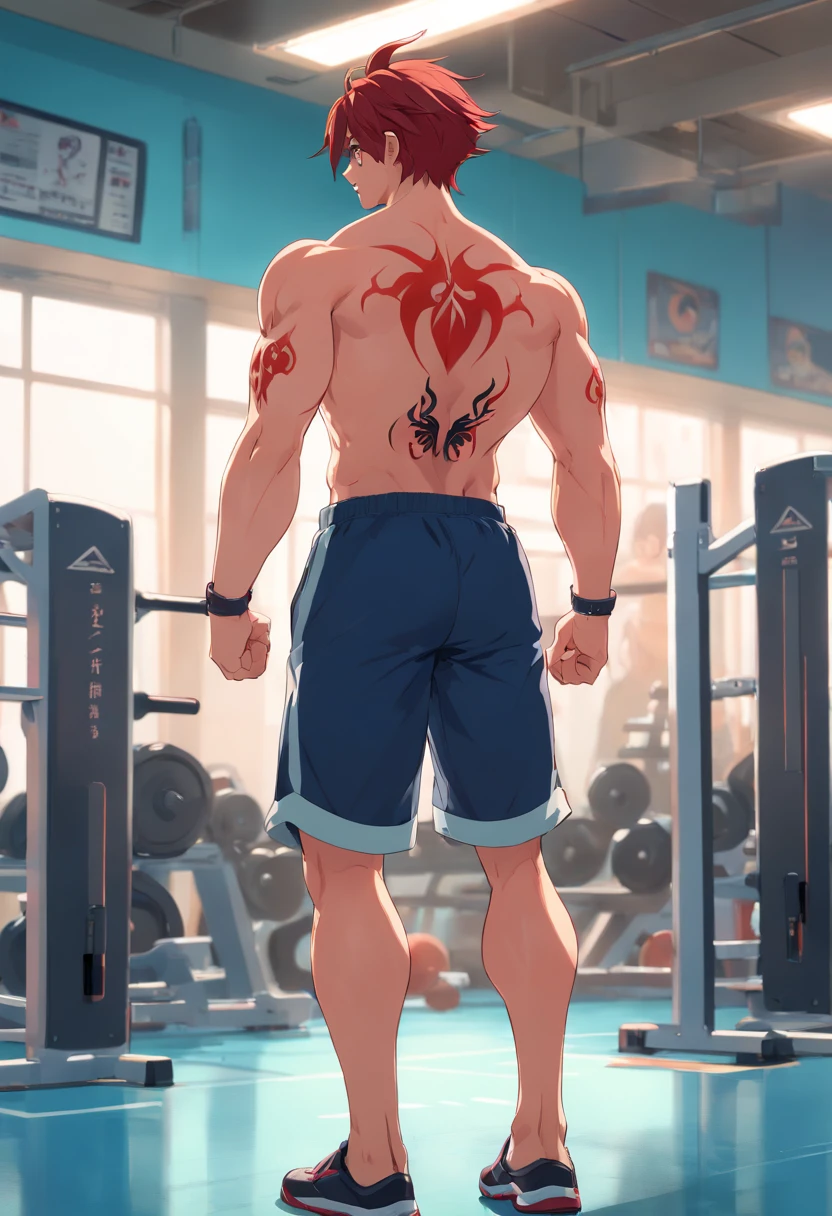 Yuijiro Hanma, red-haired man, standing in a gym, The back is decorated with a devil's tattoo. His back is muscular and defined, The focus of his intense workouts.