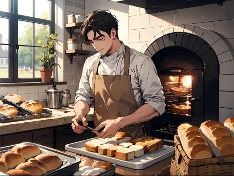 (((masterpiece))),best quality,  a man baking bread, oven