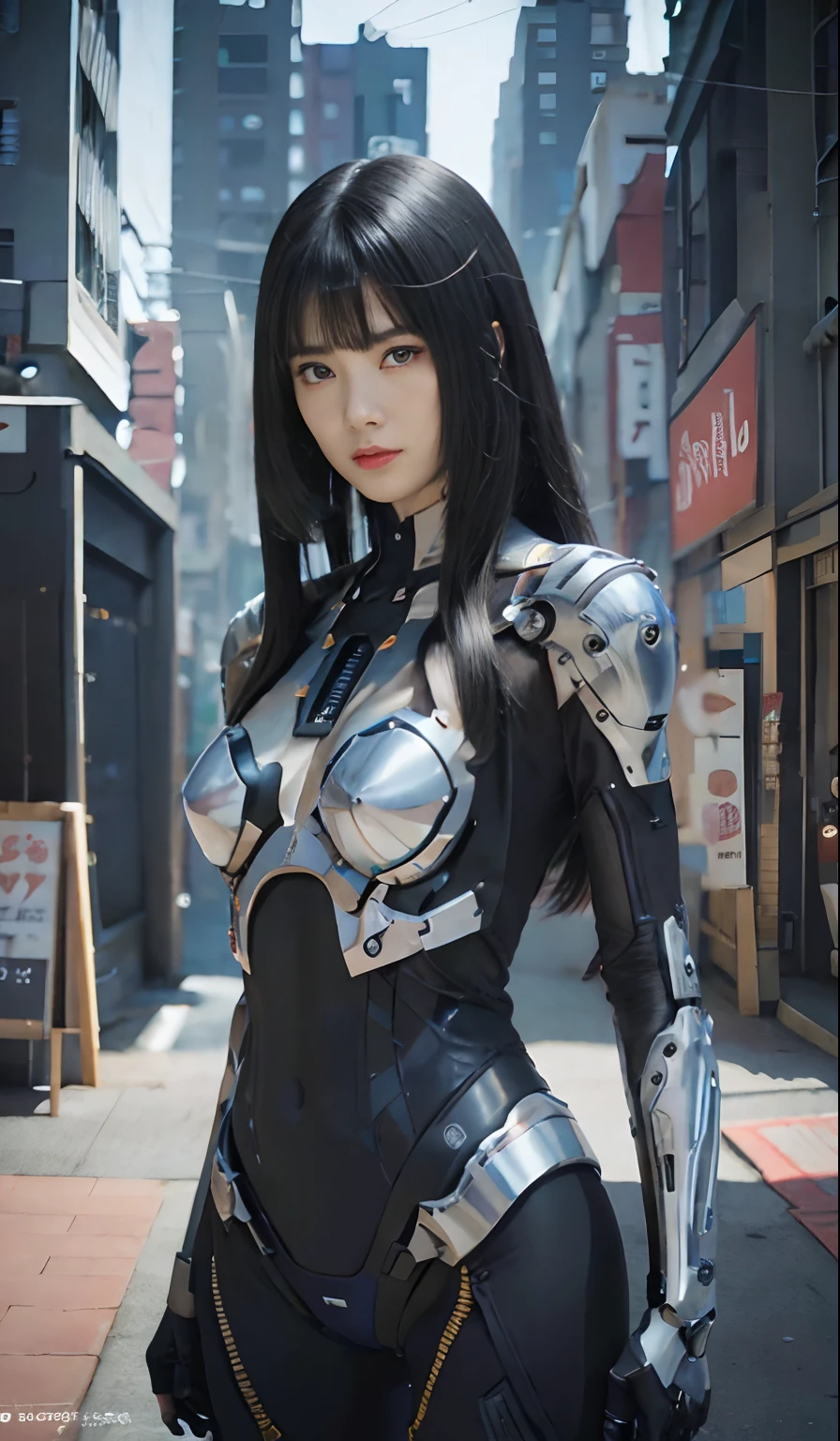 （Fight against mechanical robot soldiers）、top-quality、​masterpiece、超A high resolution、(Futuristic machine gun、holding knive),（Wearing futuristic glasses）、(Photorealsitic:1.4)、Raw photo、女の子1人、Black hair、glowy skin、((1 Mechanical Girl))、((super realistic details))、portlate、（Small LED lamp）、Wire tubes that glow all over the body、(With state-of-the-art weapons),globalillumination、Shadow、octan render、8K、Armpit、ultrasharp、Colossal 、Small LED lamp、Raw skin is exposed in cleavage、metals、blood vessels connected to tubes、With weapons、Red bodysuit、Armpit、Cyberpunk city background、Details of complex ornaments、Japan details、highly intricate detail、Realistic light、CGSoation Trends、Blue eyes、radiant eyes、Facing the camera、neon details、（Helmet of the Brave）、Mechanical limbs、blood vessels connected to tubeechanical vertebrae attached to the back、mechanical cervical attaching to neck、Wires and cables connecting to the head、Gundam、Small LED lamp、Toostock、Toostock、Futuristic machine gun、Knives、(Silver Metallic Bodysuit),