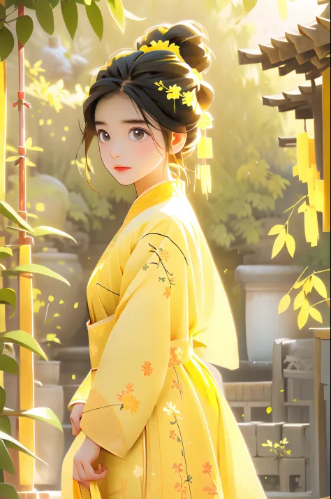 yellow hanfu 1 girl, morningglow