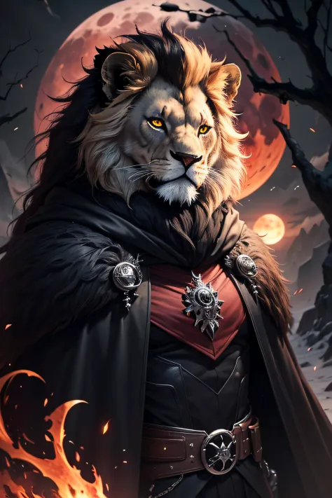 (the ultimate death lion) best quality, ultra high res,1furry boy， solo，detailed eyes, volumetric lighting, amazing, finely detail, , black cloak , white fur, red eyes, black sclera, bright pupils, bright atmosphere, muscular, upper body, full moon , red m...